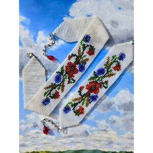 Handmade Beaded Choker & Bracelet Set Ukrainian Style Floral Rose Pattern